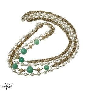 Vintage 3 Strand Chain Necklace Green Pearl and Fancy Beads 30" Long - Hey Viv